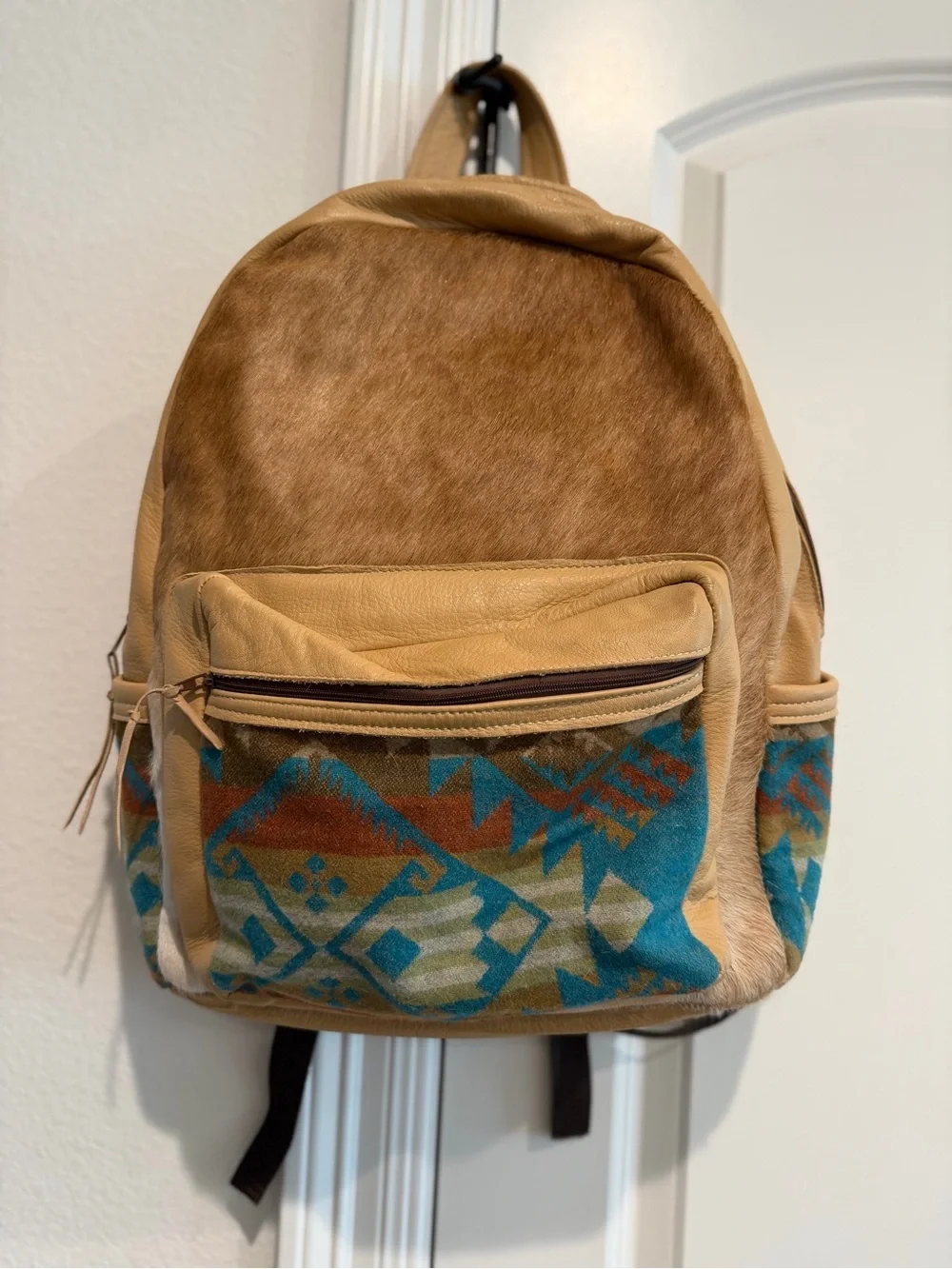 Leather and Aztec Print Tan Backpack